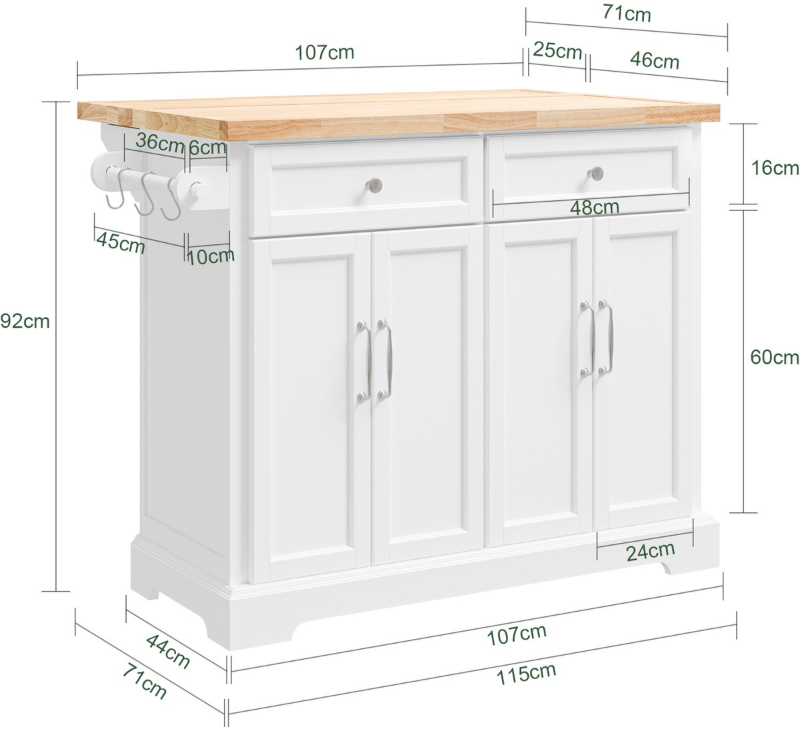 SoBuy – Keukeneiland & Keukentrolley FKW71-WN – 115x71x93 cm – Wit & Natuur Rubberwood – Uitbreidbaar Werkblad & Opbergkast – Verrijdbaar Keukenblok op Wielen – FKW71-WN
