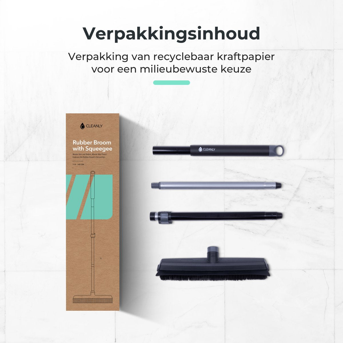 CLEANLY Rubberen Bezem met Vloertrekker 34 cm – Kappersbezem Binnen en Buiten – Verstelbare Steel 114-142 cm – Zwart/Grijs