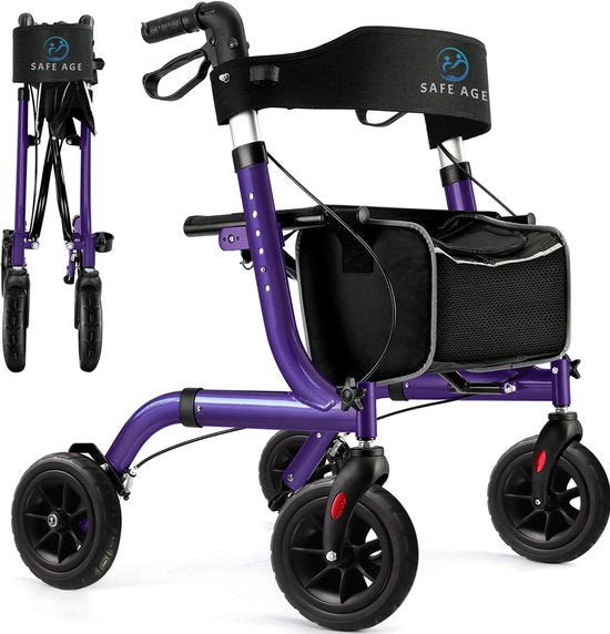 Safe Life® Rollator lichtgewicht en opvouwbaar - Rubberen wielen - zitfunctie - voor binnen en buiten - Rugleuning en wandelstok houder - Paars