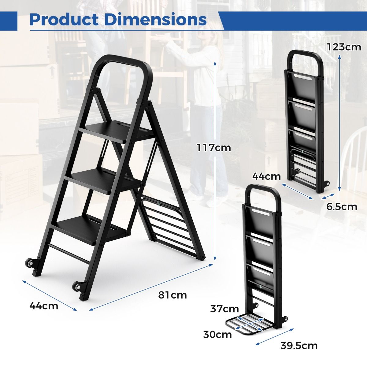 Coast Opvouwbare Trapladder en Trolley - 2-in-1 ontwerp - 3 brede treden - Zwart