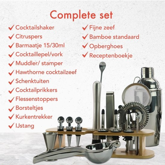 KitchenBrothers Cocktail Set met Cocktailshaker - 25 Delig - Luxe Set - Cadeauverpakking - Lichtbruin/Bamboe