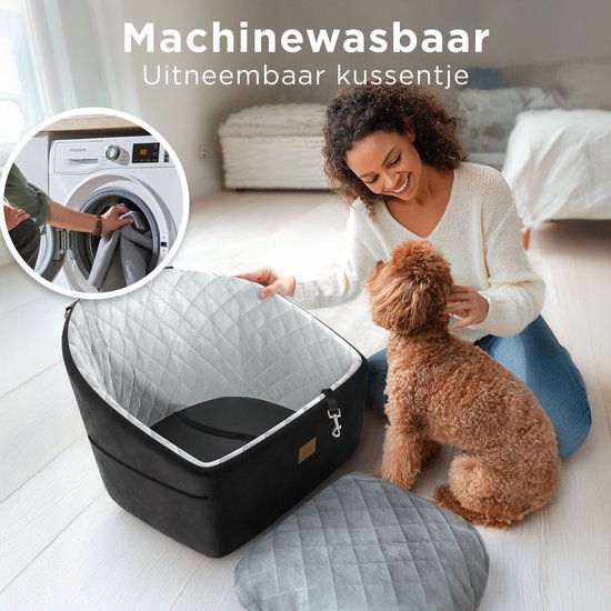 CozySense® Honden Autostoel - Hondenmand Auto voor Kleine Hond - Voorbank & Achterbank - Met Veiligheidsriem, Opbergvak & Wasbare Hoes - Zwart/Grijs