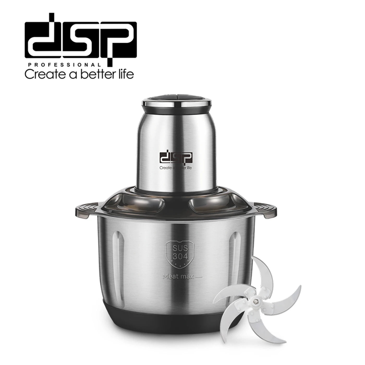 DSP Keukenhakmolen KM4108 - 5 Liter - 500 W - 304 RVS Kom - Vijfbladig Mes - 2 Snelheden - Koperen Motor