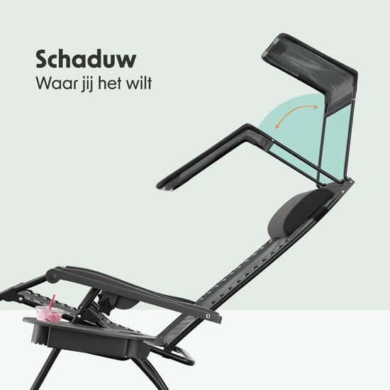 LifeGoods Opvouwbare Tuinstoel - Verstelbaar Zonnescherm - Ligstoel Tuin - 30°-90° Verstelbaar - Metaal - Zwart