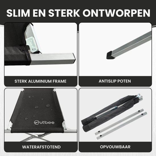 Outbee Veldbed - Kampeerbed - Stretcher - Opvouwbaar bed - Campingbed met draagtas - Draagkracht 150KG - 190 x 63 cm - Zwart