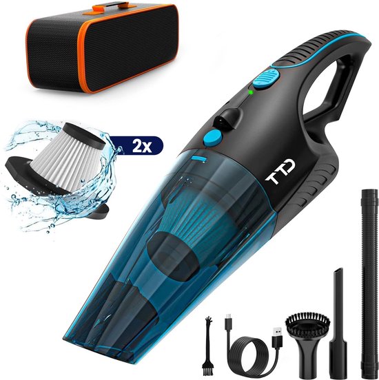 TTD® Premium Autostofzuiger Draadloos met Luxe Opbergtas - Extra Krachtig 14.000 Pa - Nat & Droog - Inclusief 2 Premium HEPA-filters - Draadloze Kruimelzuiger - Stofzuiger voor Auto - Handstofzuiger - Kruimeldief