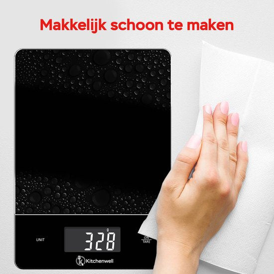 Kitchenwell Digitale Precisie Keukenweegschaal – Weegschaal Keuken - 1gr - 15kg – Tarra Functie - Zwart