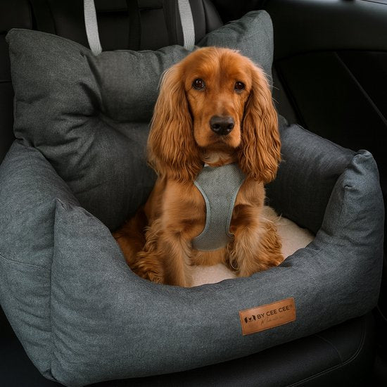 By Cee Cee Autostoel Hond - Premium Automand Hond - Hondenmand Auto Met Veiligheidsriempje - Hondenstoel - Autozitje -All Season - Grijs - Maat M - Kleine En Middelgrote Honden