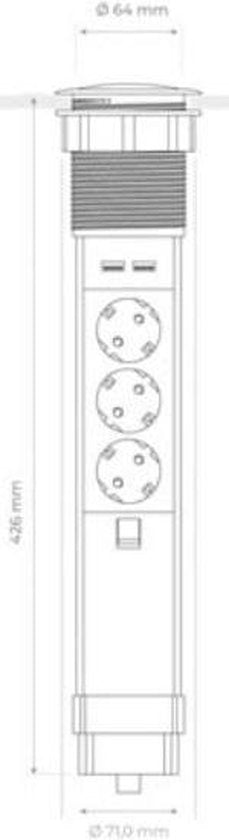 Perel Pop-upstekkerdoos, 3 stopcontacten met randaarde (type F), 2 USB-poorten, montagegat 71 mm, gebruik binnenshuis, zwart/grijs