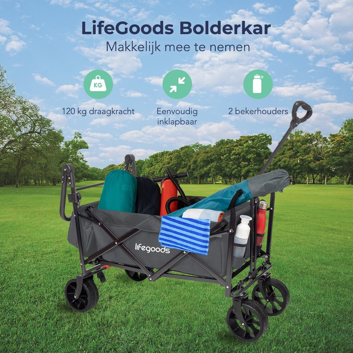 LifeGoods Bolderkar - Opvouwbaar - Tot 120KG - 90L - Wasbaar Polyester - 120x80cm - Grijs