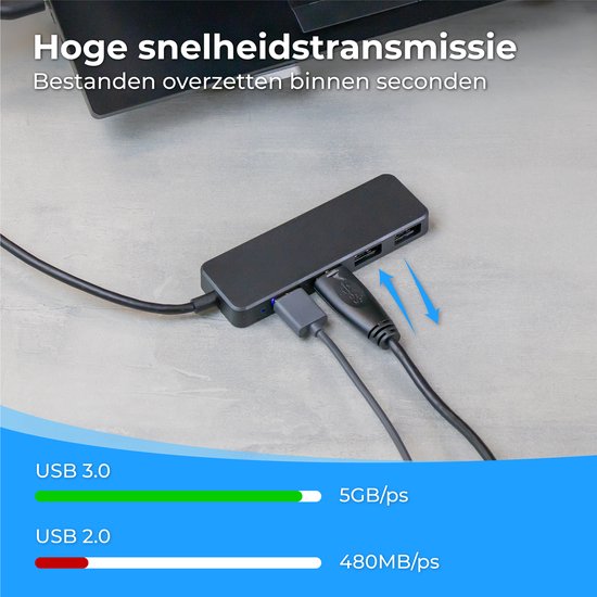 Nuvance - USB 3.0 Hub - 4 Poorten - Inclusief USB C Converter - USB Splitter - Zwart