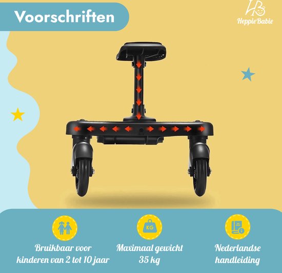 HeppieBabie Universeel Meerijdplankje - Met Zitje - Voor Kinderwagen of Buggy - Buggy Board