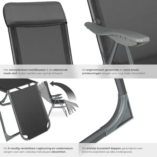 tectake® - Set van 2 klapstoelen - Aluminium tuinstoelen - Inklapbaar met hoofdsteun en voetensteun - Ligstoelen voor in de tuin, terras of balkon - Campingstoel - Antraciet
