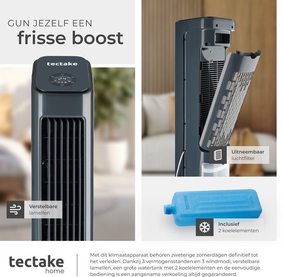 tectake® 4-in-1 Luchtkoeler Alaska - 5L Watertank - 3 Standen - Aircooler - Airco met Zwenkfunctie - Timer - Afstandsbediening - Koelelementen - Luchtbevochtiger - Ventilator - Luchtreiniger - Antraciet