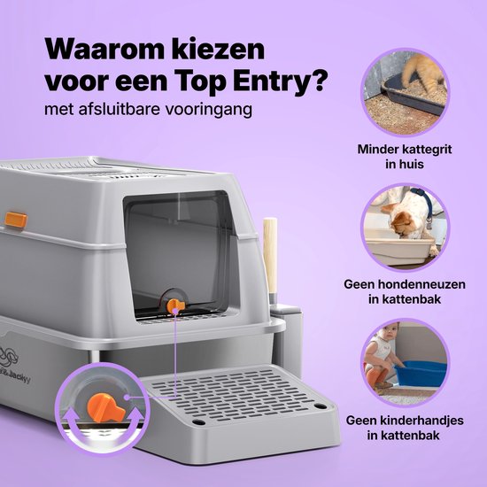 Jake en Jacky RVS Kattenbak Hop In - Kattentoilet Roestvrijstaal - Incl. Kattenbakschep met Houder en Gritopvang Opstapje - Top Entry - 3 in 1 Open Kattenbak met Afneembare Deksel - 60x40x38cm - Grijs