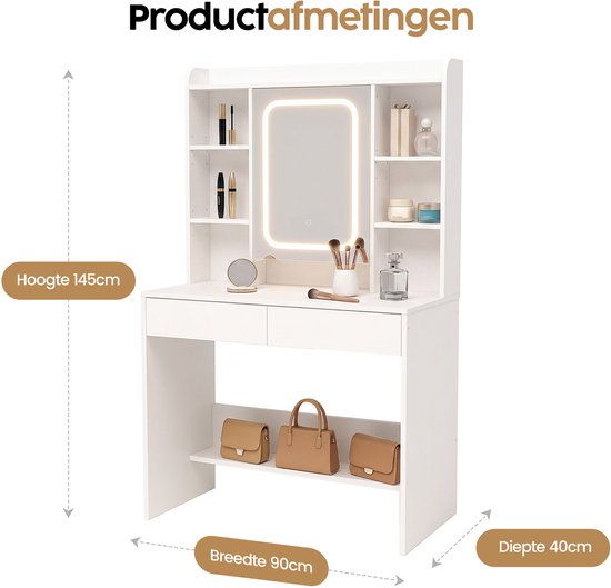 Infinity Goods Kaptafel met LED Spiegel - Make Up Tafel - Extra Veel Opbergruimte - Dimbaar - Wit