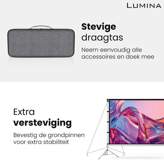 Lumina® Projectiescherm 100 inch – Beamer Scherm met Statief – Kreukvrij – Opvouwbaar – Met Draagtas – Voor Binnen & Buiten