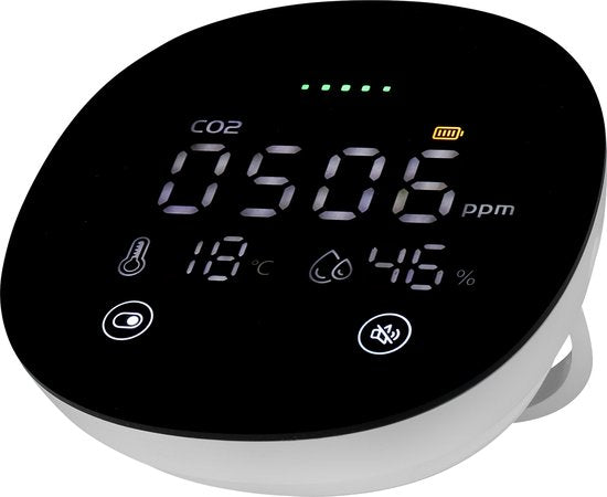 Smartwares FGA‑13950 Luchtkwaliteitsmeter – CO₂, Kooldioxide, Temperatuur & Vochtigheid Monitor – 10 Jaar Sensor & Batterij – LED Kleurindicatie, Ventilatie Alarm – Voor Huis, Kantoor, Slaapkamer, School, Gezond Binnenklimaat