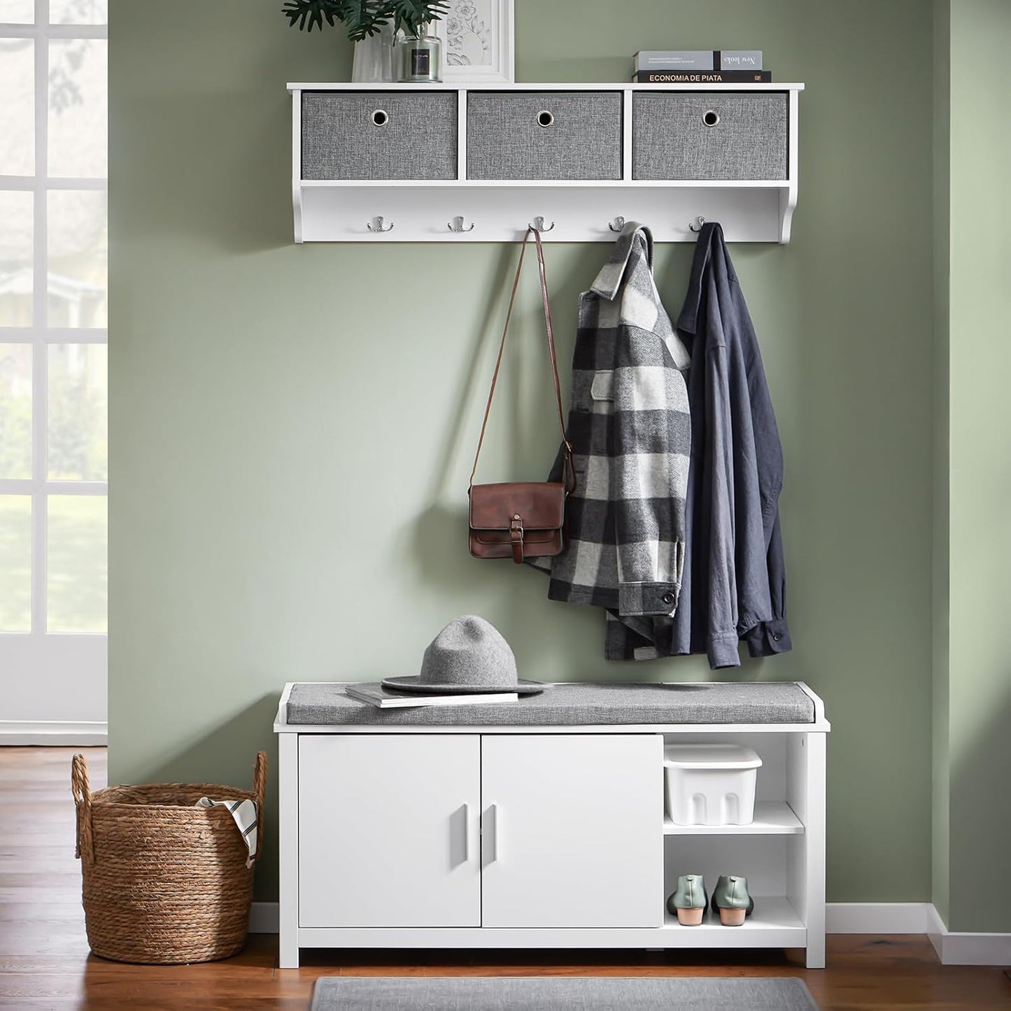 SoBuy FSR168-W Schoenenkast met Zitvlak - 2 Deuren 2 Open Vakken - 105 x 35 x 51 cm - Wit