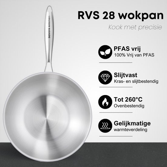 Savoré Kitchen Wokpan RVS 28 cm met Deksel – Inductie Geschikt – Wokpannen – 3-Ply – Professionele Warmteverdeling