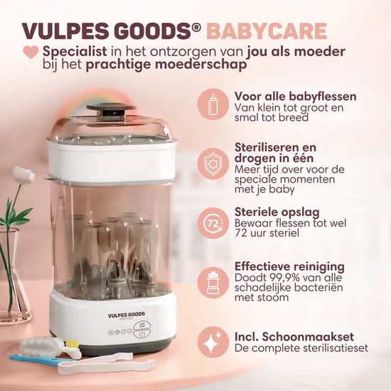 Vulpes Goods® - Flessen Sterilisator - 5-in-1 Functie - Met Droogfunctie & Warmhoudstand - Voor Babyflessen & Borstkolven - BPA-vrij - Kunststof & Wit