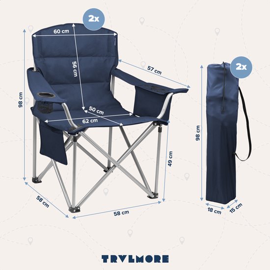 TRVLMORE Campingstoelen - Opvouwbaar - 2 Stuks - XL - Vouwstoelen - 150 kg draagvermogen - Drankhouder - Koelvak - Zijvak - Klapstoel - Blauw