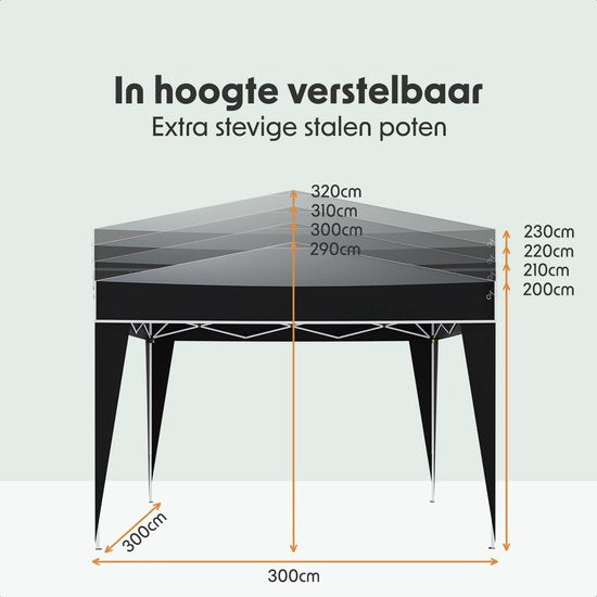 LifeGoods Partytent - Paviljoen - Easy Up - Opvouwbaar - Waterdicht - Met Draagtas - 300 x 300 cm – Zwart