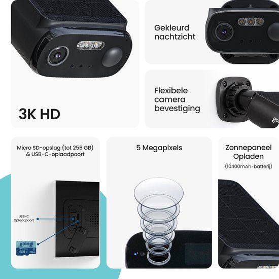 Gologi Solar Premium Beveiligingscamera voor buiten - 10.400 mAh - 2.5K - Nightvision - Bewegingsdetectie - Bewakingscamera - Zonnepaneel - Draadloos - USB-C - WiFi en App - Zwart