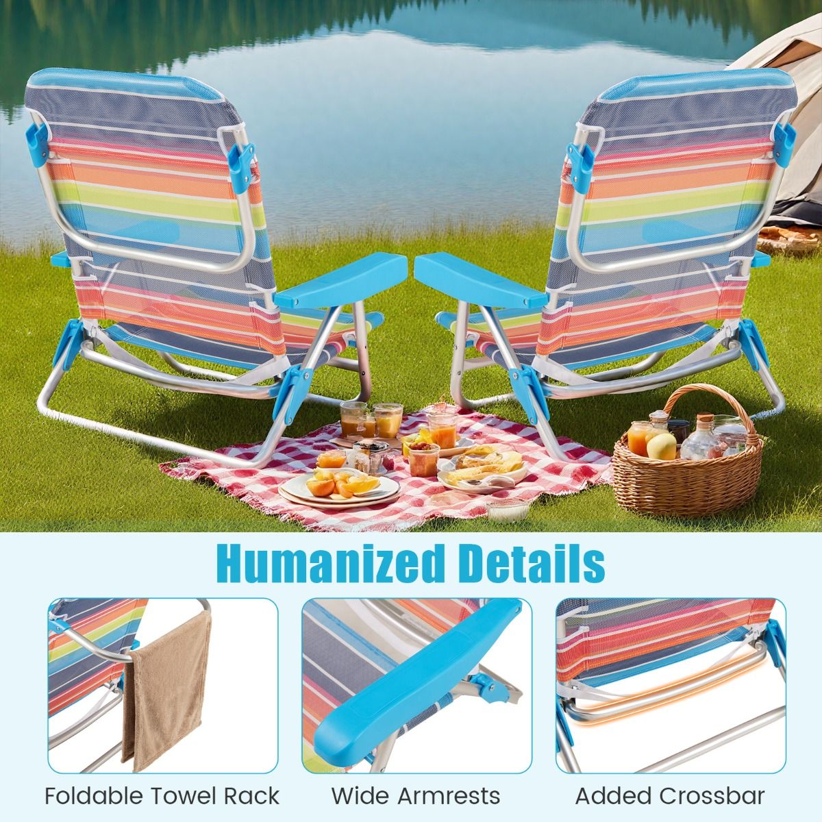 Coast Opvouwbare Strandstoelen Set van 2 - Verstelbare Rugleuning - Lichtgewicht Campingstoelen - 64 x 63 x 74 cm