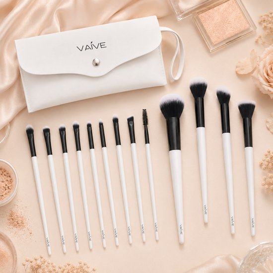 Vaive Make Up Borstels Set 15-Delig - Vegan Kwasten - Foundation, Oogschaduw, Blush, Kabuki & Bronzer Kwast - met Etui - Wit