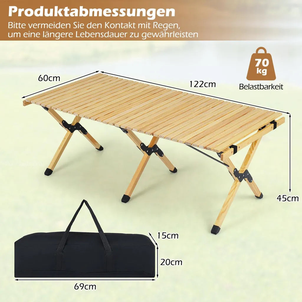 Coast Opvouwbare Campingtafel 122 × 60 × 45 cm – Houten Picknicktafel voor 4-6 Personen met Oprolbaar Tafelblad & Draagtas – Naturel