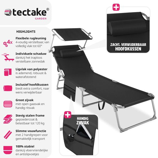 tectake® - ligbed Zonnestoel ligstoel - 4 standen, inklapbaar – zwart - 68 x 190 x 28 cm, met zijvak