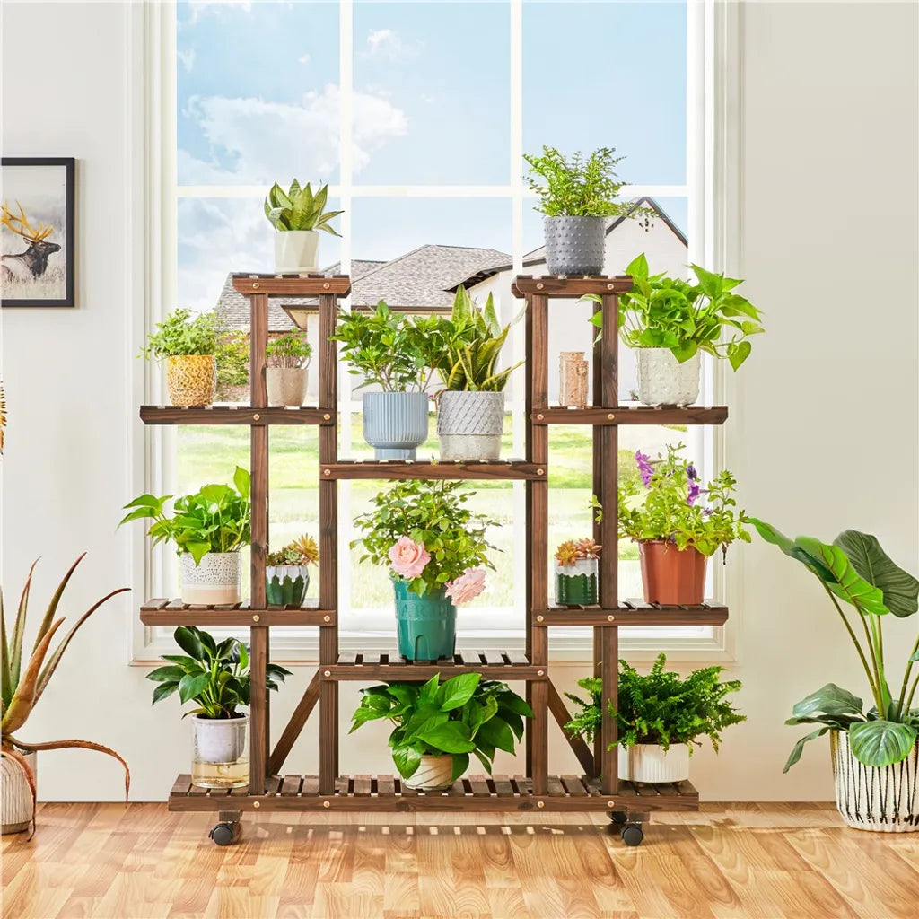 Yaheetech Plantenstandaard Bruin – Houten Bloemenrek met Wielen – 124,5 x 33 x 120 cm
