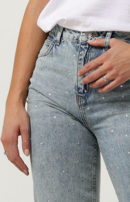 Colourful Rebel Jones - Strass Mid Rise Straight Leg Denim Broek - Blauw - Maat S - Stijlvolle Straight Fit Met Strass Steentjes