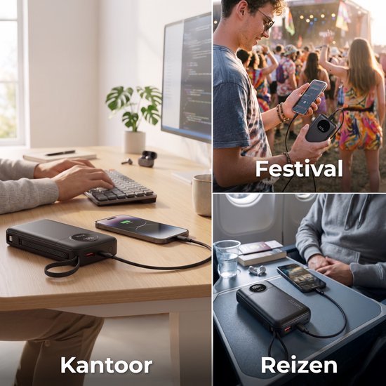 Nuvance Powerbank 20000 mAh - 22.5W Snellader Usb-C & 8-Pin - Noodpakket - 2 Poorten - 2 Geïntegreerde Kabels - Power Bank