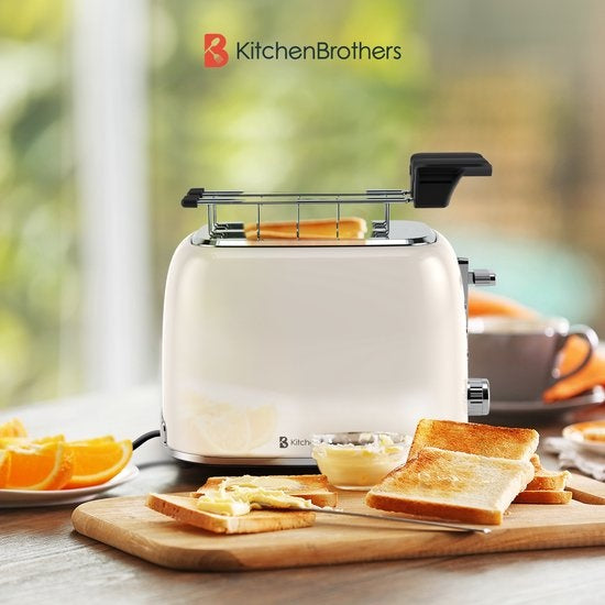 KitchenBrothers Broodrooster met Tostiklemmen - Toaster - 6 Warmteniveaus - Brede Sleuven - Broodrooster - 870W - Beige