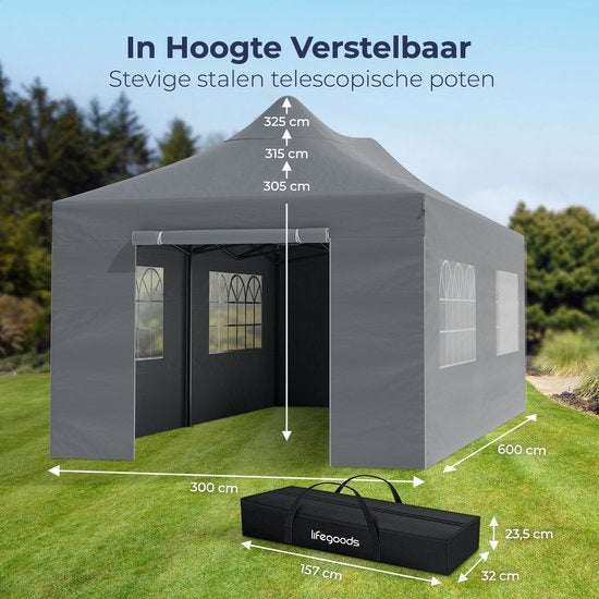 LifeGoods Partytent - Paviljoen - EasyUp - Opvouwbaar - 4 Zijwanden - Waterdicht - Met Draagtas met wieltjes - 300 x 600 cm - Donkergrijs