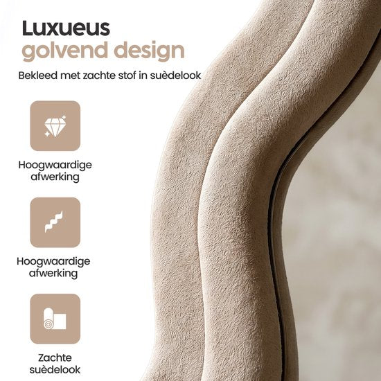 Infinity Goods Passpiegel Wavy - 160x60 cm - Design Wandspiegel - Gestoffeerde Staande Spiegel - Suède - Beige
