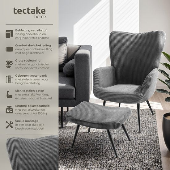 tectake® Oorfauteuil met Hocker – Scandinavische Teddy Bouclé Fauteuil – Lounge- en Woonkamerstoel – Zwart Metalen Poten – Draagvermogen 150kg – Corduroy - Grijs