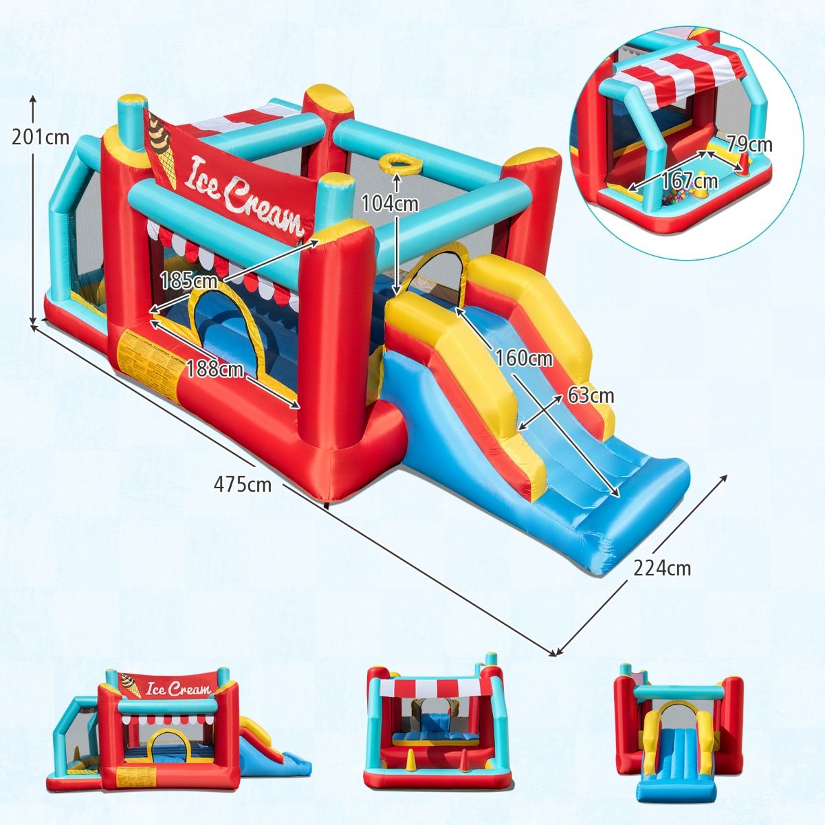 Coast Opblaasbaar Springkussen 5-in-1 - Glijbaan - Ballenbad - Basketbalring - Meerkleurig 485,5 x 239 x 206 cm