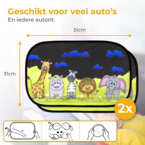 Nuvance Zonnescherm Auto - 2 Stuks - met UV Protectie voor Baby en Kind - Zonwering Zijruiten - Zelfklevend - One Size - Dieren