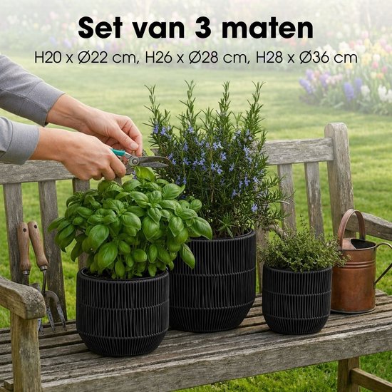 Mica Decorations Peta Bloempot voor Buiten – Set van 3 – Plantenpot voor Bloemen en Buitenplanten – Bloempotten voor Buiten – Zwart