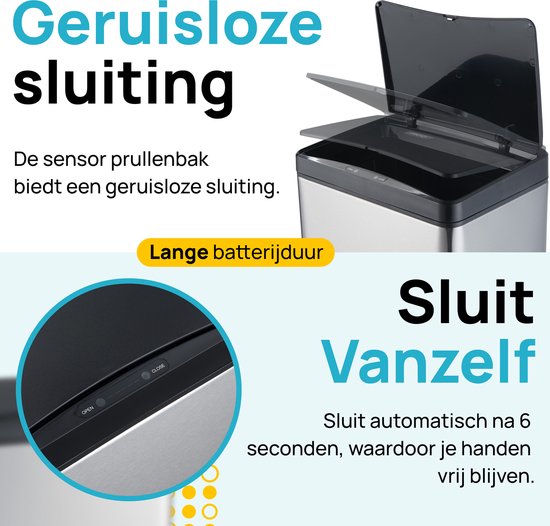 MOA Sensor Prullenbak 50 Liter - Geruisloze Deksel - Vertraagd Sluiten Modus - RVS & Duurzaam ABS - Afvalbak - Vuilnisbak - Zilver