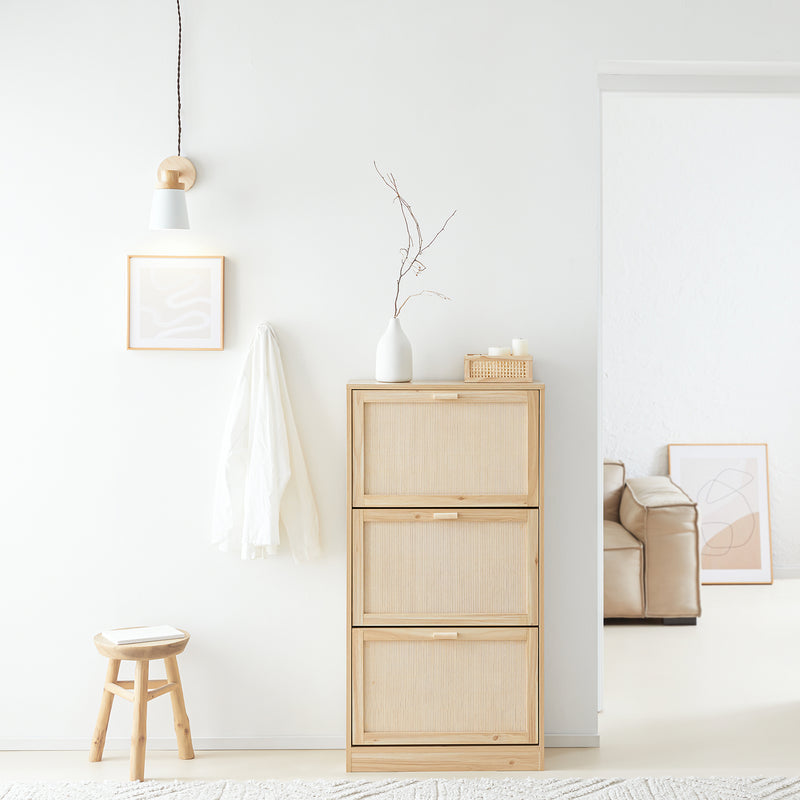 SoBuy Schoenenkast met 3 kleppen - schoenenkist - schoenenrek - schoenenopbergmeubel met 3 deuren - gangmeubel - 60x24x118 cm - houtkleur