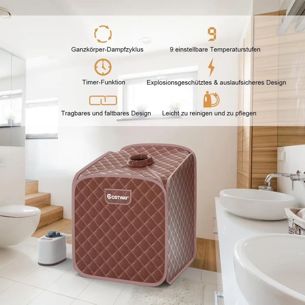 Coast Mini Stoomsauna 2 Liter - Opvouwbare Thuissauna met Afstandsbediening, Timer, 9 Temperatuurstanden en Stoel - Bruin