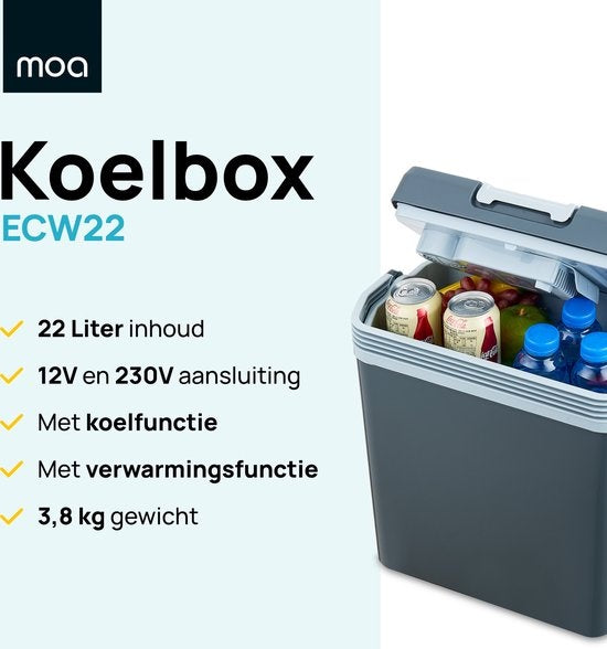 MOA Elektrische Koelbox - Coolbox - Met Verwarmingsfunctie - 12V en 230V - 22 Liter - Grijs -ECW22