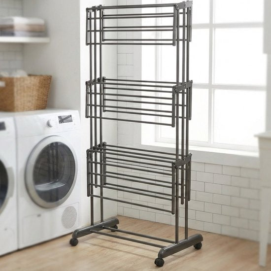 Vonia Droogtoren - Droogrek - Wasrek - Wastoren - 3 Lagen - Inklapbaar - 72x50x172 cm - DonkerGrijs