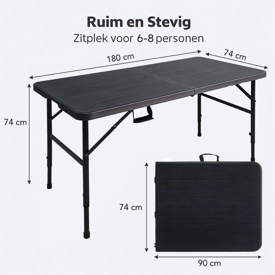 LifeGoods Inklapbare Tafel - 180x74 cm - Stevige Klaptafel - Weerbestendig - Inklapbare eettafel - Campingtafel - Vouwtafel voor Binnen en Buiten - Zwart houtnerf look
