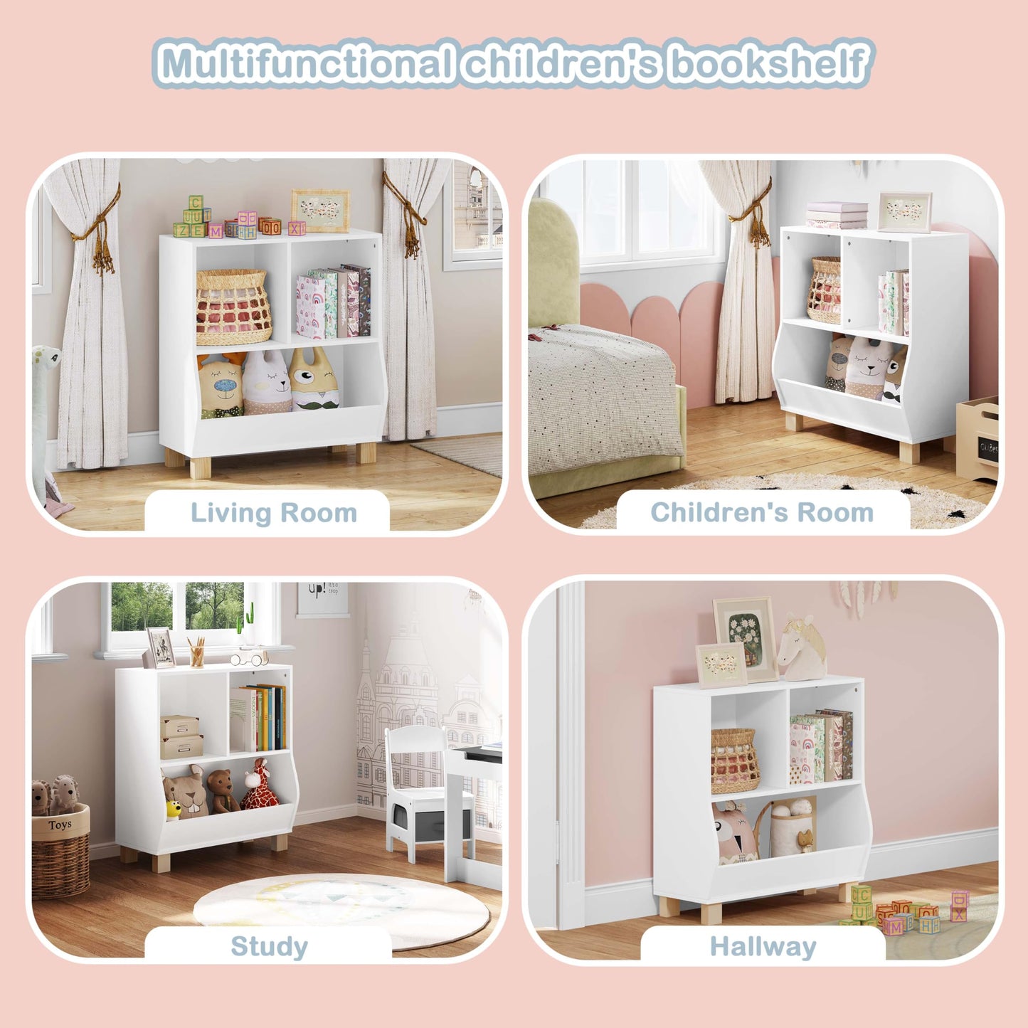 Lestarain Montessori kinder boekenkast - wit - 3 vakken - met massief houten poten - 71,5 x 77 x 34,5 cm