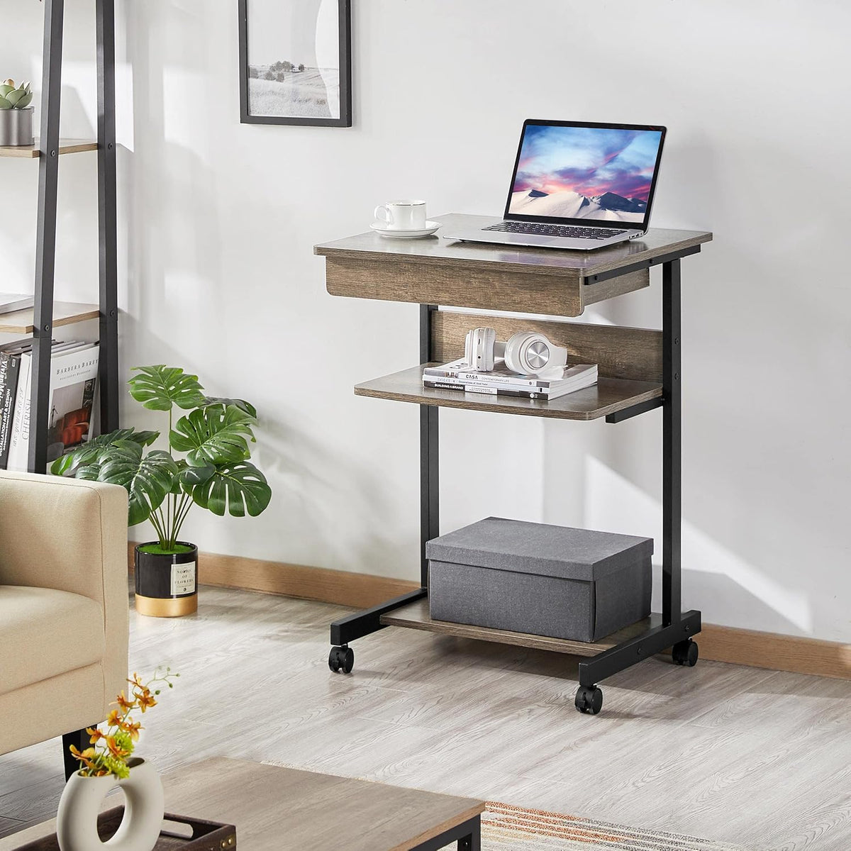 Yaheetech Roltafel met Lade en 4 Opbergplanken – 56 x 51 x 79,5 cm – Taupe
